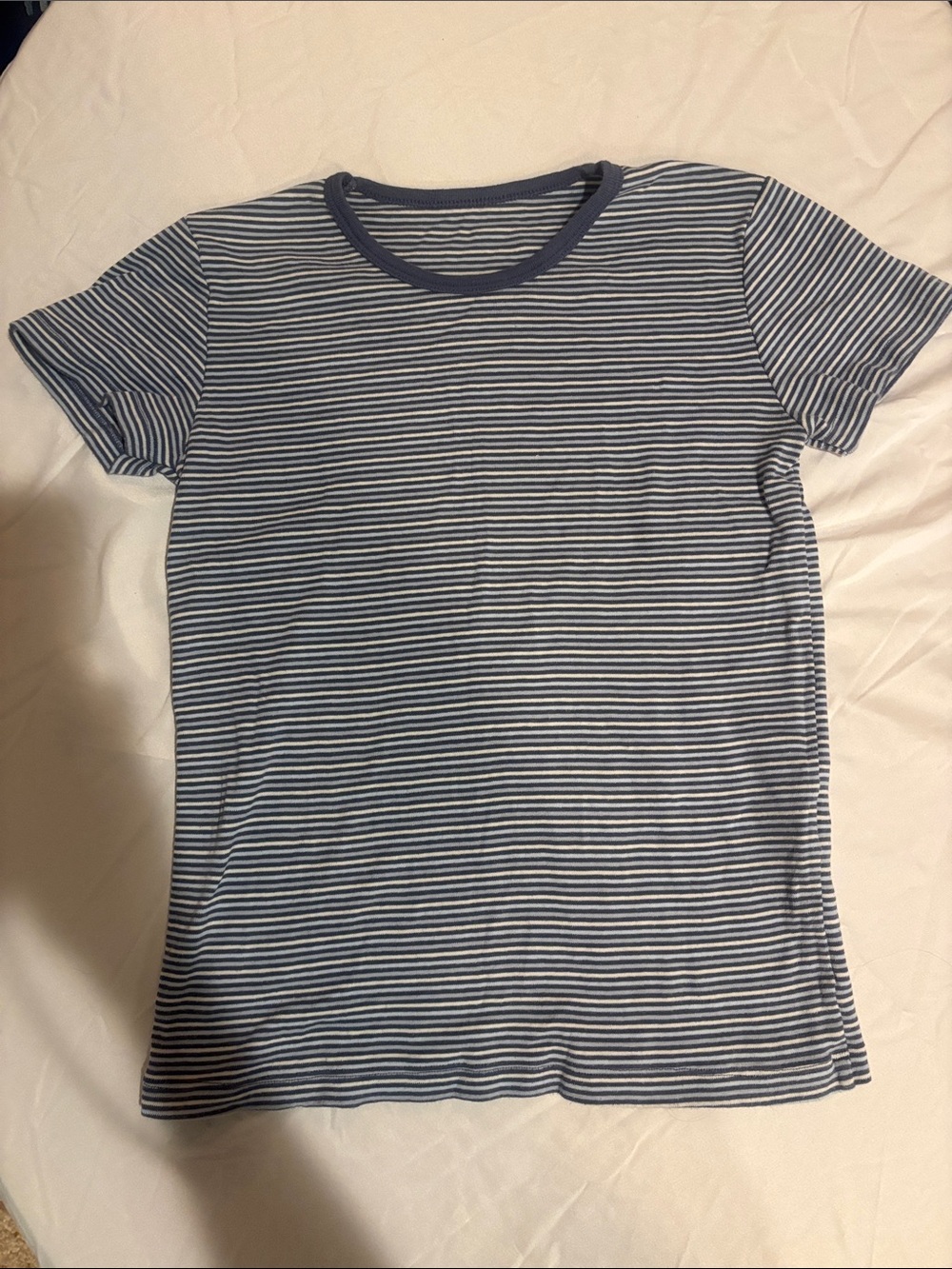 Brandy Melville Women's Navy and White Striped Short Sleeve Tee
